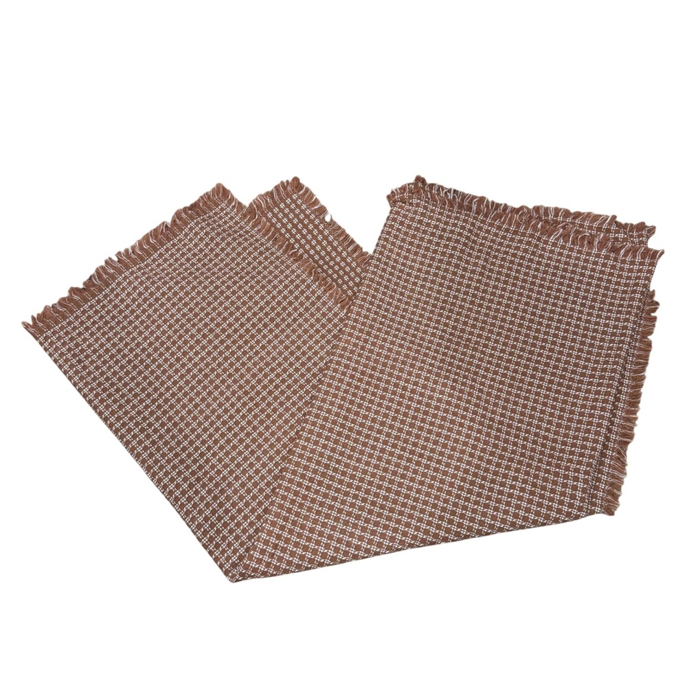Vintage Throw Blanket Tan Brown & White Woven Fringe Mid‎ Century Modern 1970's